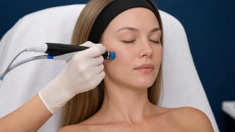 Soin Hydrafacial sur le visage d'une cliente, la pièce à main posée sur la joue