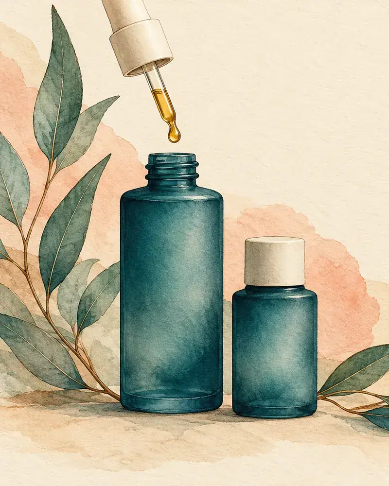 Illustration à l'aquarelle de flacons de sérums aux oligo-éléments