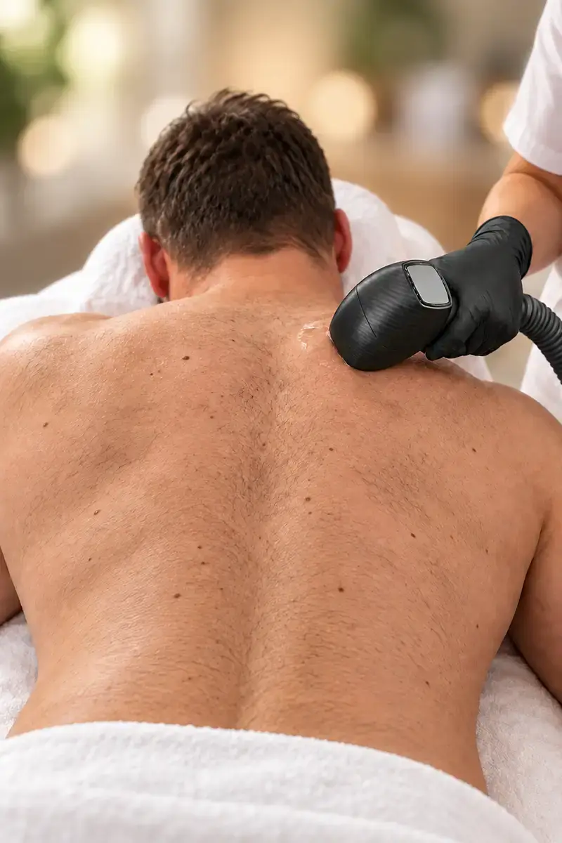 Épilation laser du dos d'un homme au centre Dermage Clinic à La Rochelle